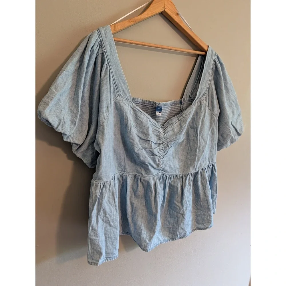 Old Navy 3X Denim Chambray Peasant Top Puff Sleeve Smocked Boho Prairie Cottage